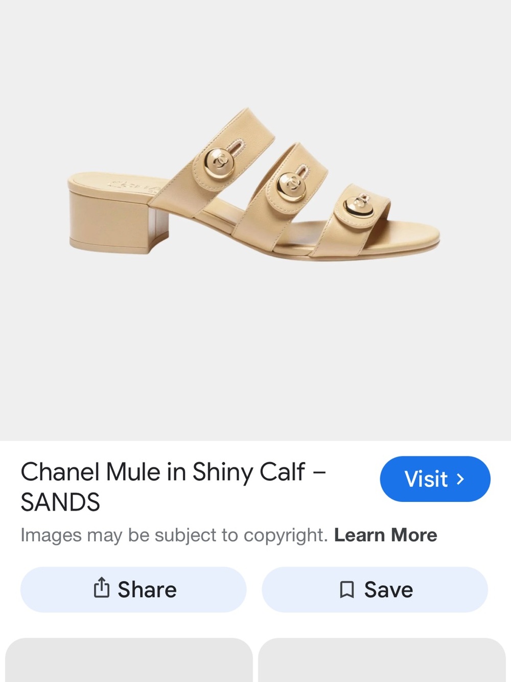 ISO Chanel Sands Shiny Calf Leather Mule — Sand